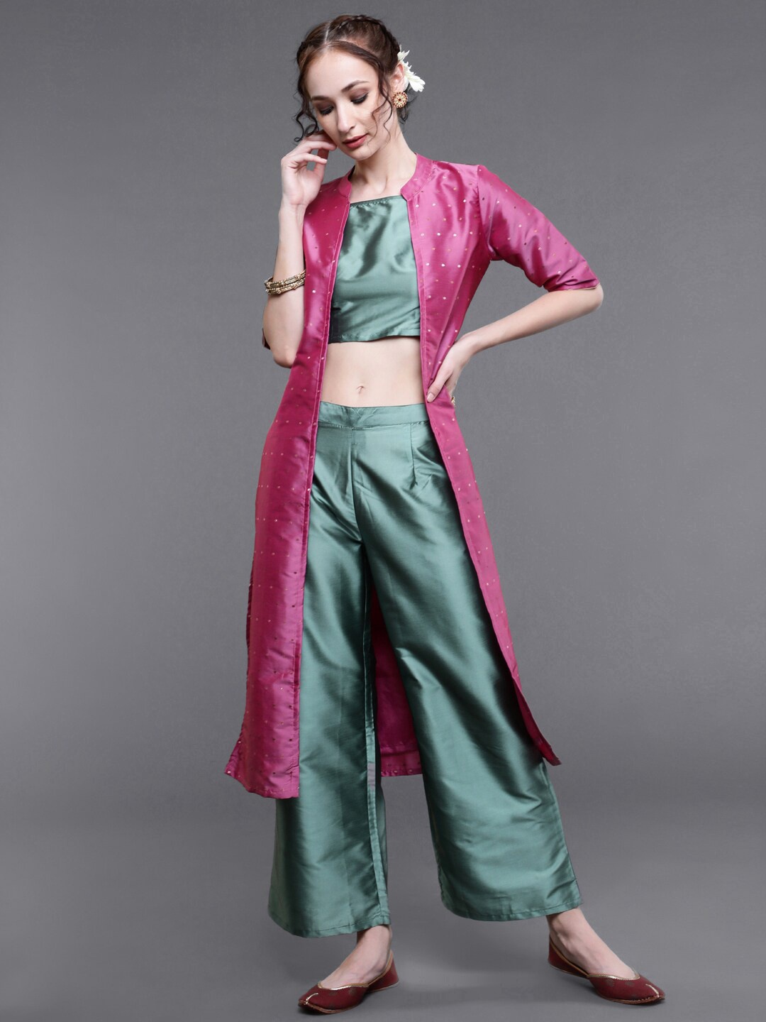 

saubhagya Women Pink & Green Top & Palazzos With Jacket