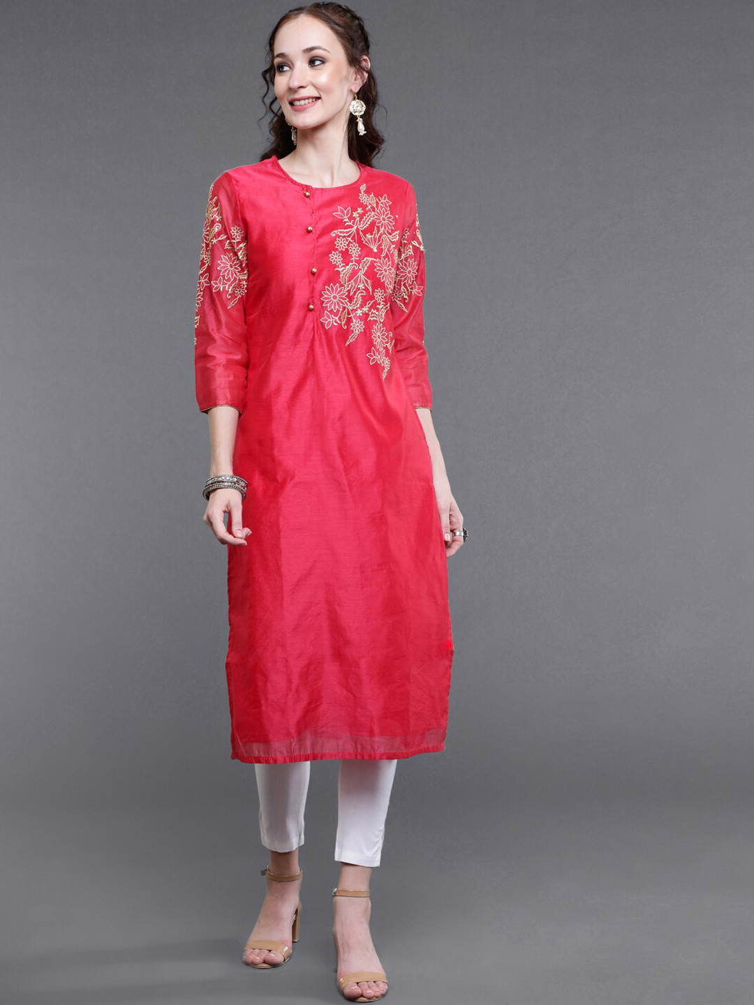 

saubhagya Women Pink Floral Embroidered Chanderi Silk Chanderi Silk Kurta