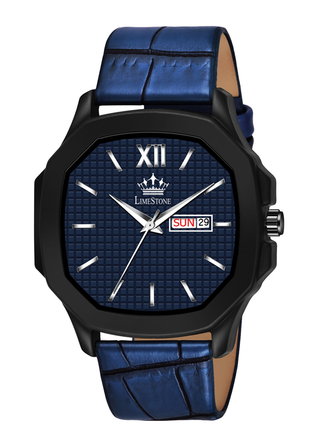 

LIMESTONE Men Blue Brass Dial & Blue Leather Straps Analogue Watch