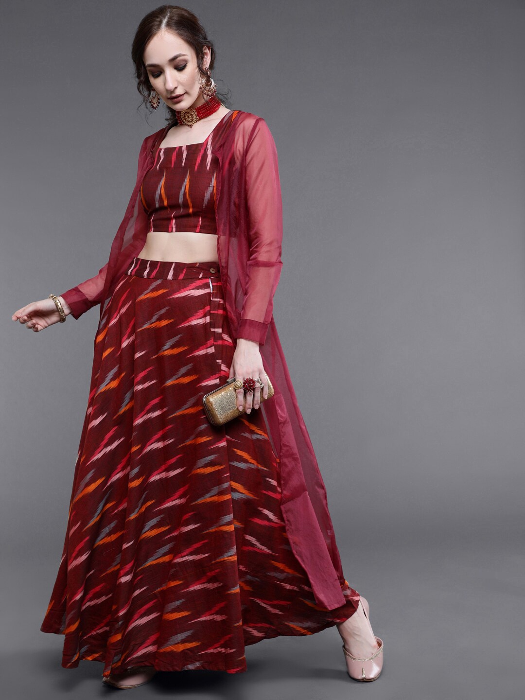 

saubhagya Maroon & Blue Printed Ready to Wear Lehenga Choli