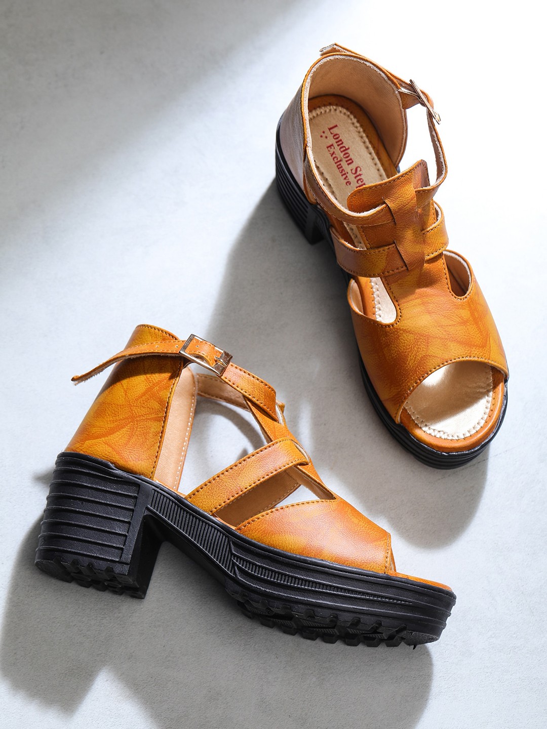 

LONDON STEPS Women Tan & Black Block Heels