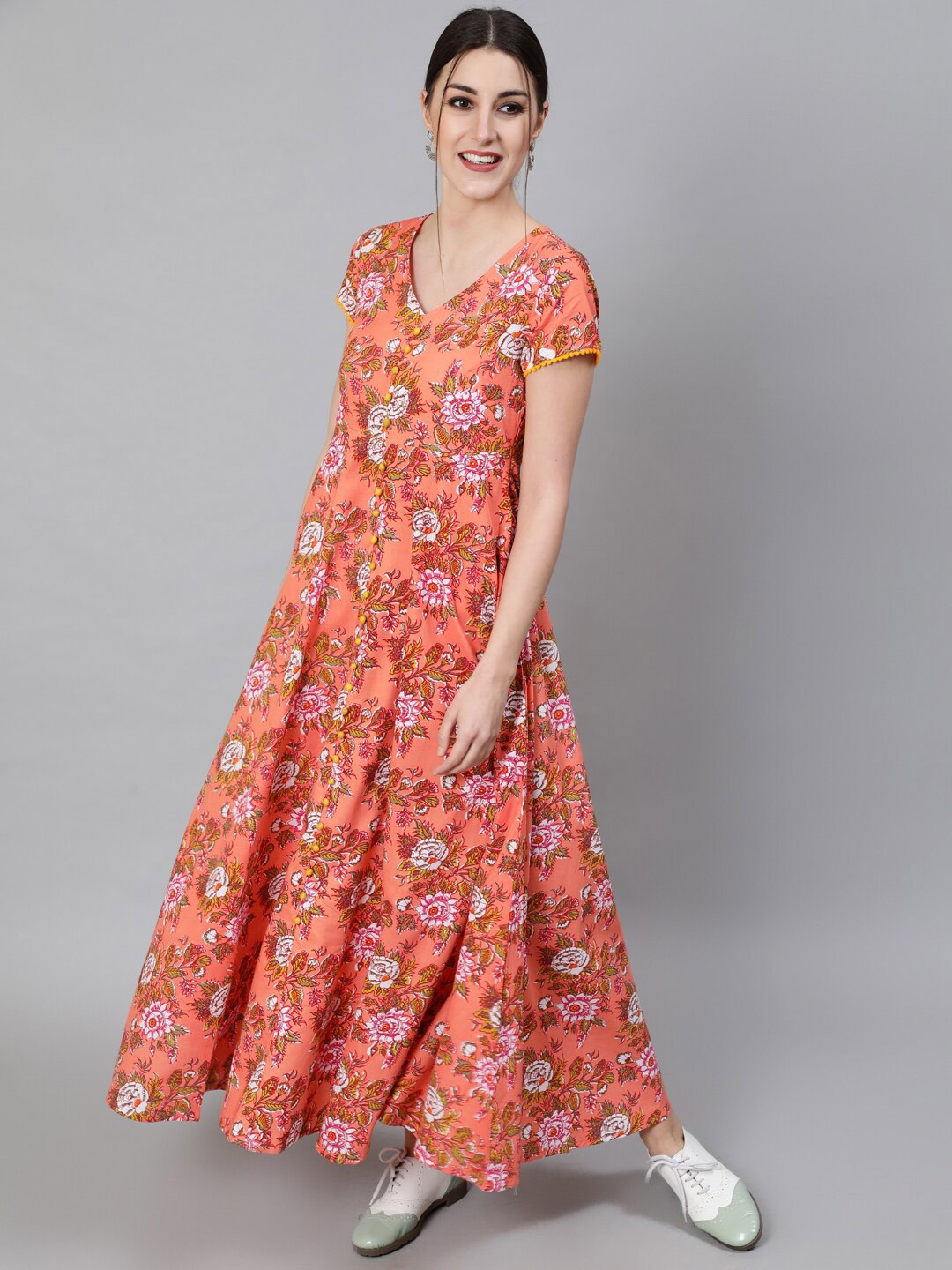 

Awadhi Peach-Coloured Floral Maxi Dress