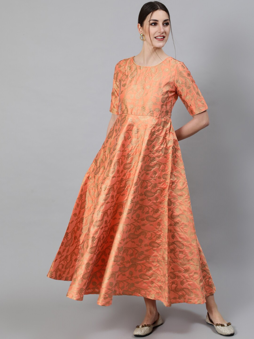 

Awadhi Peach-Coloured & Golden Ethnic Motifs Ethnic Maxi Dress