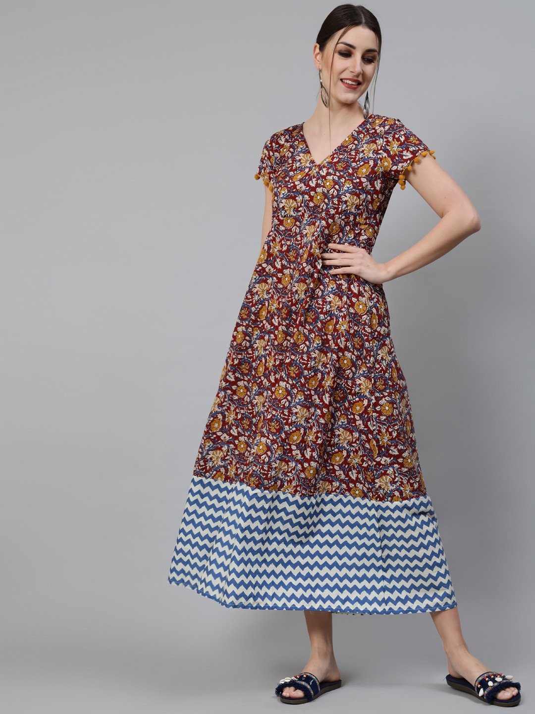 

Awadhi Maroon & Yellow Floral Maxi Dress