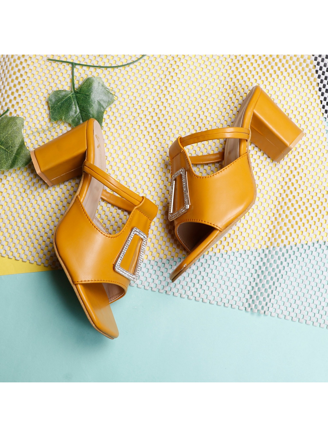 

R DEZINO Mustard Block Mules with Buckles
