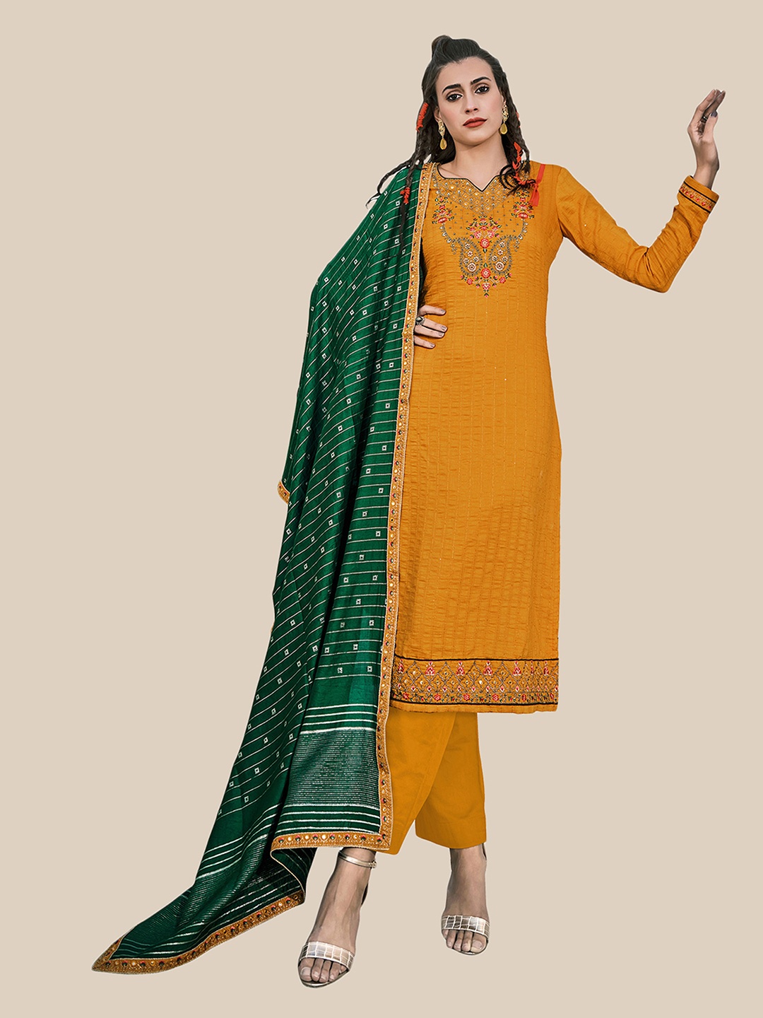 

UNITED LIBERTY Yellow & Green Embroidered Art Silk Semi-Stitched Dress Material