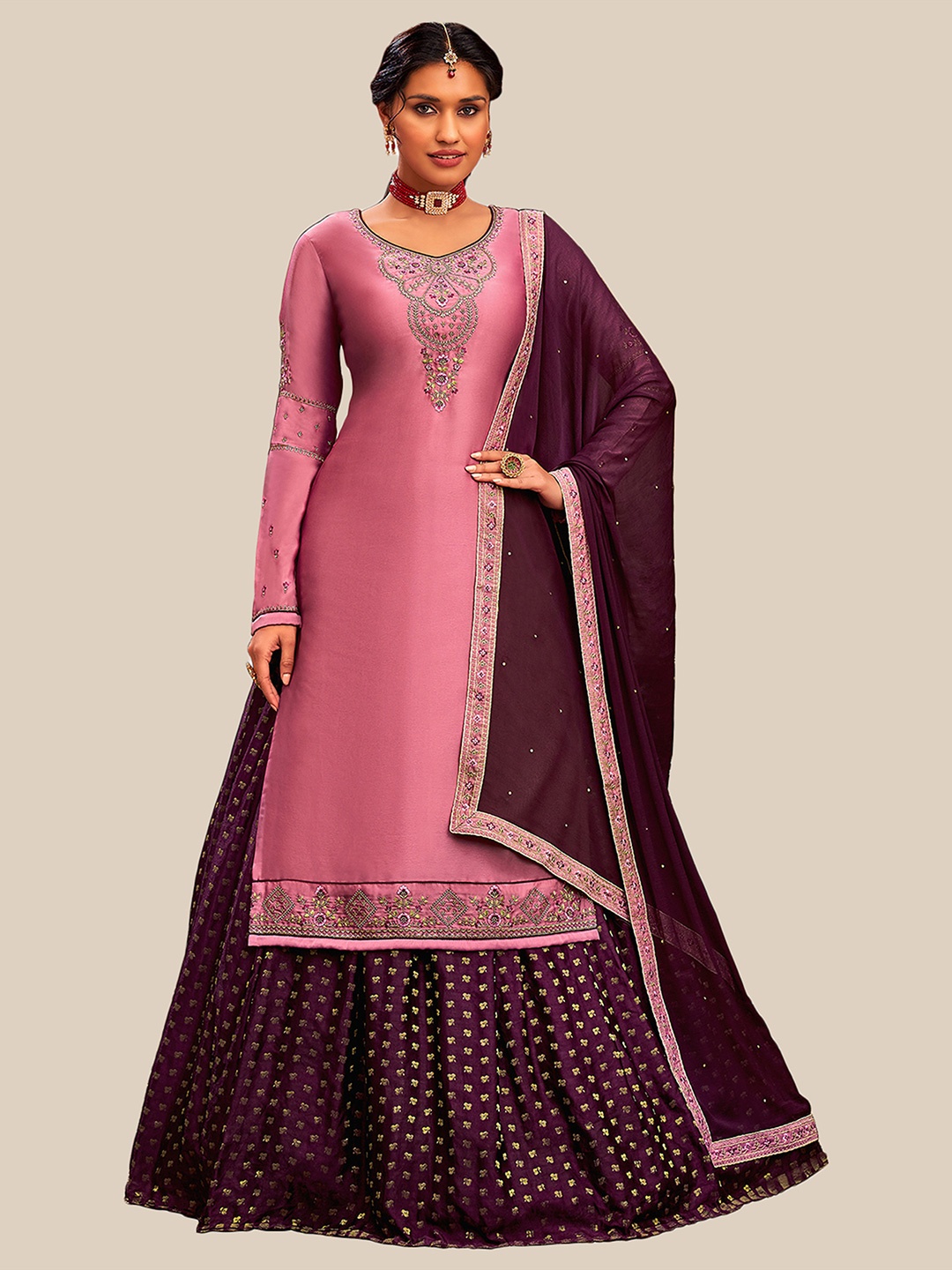 UNITED LIBERTY Pink & Purple Embroidered Satin Semi-Stitched Dress Material