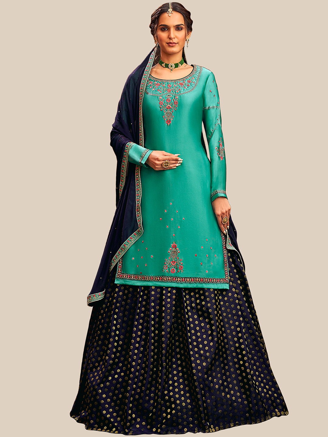 

UNITED LIBERTY Turquoise Blue & Gold-Toned Embroidered Satin Semi-Stitched Dress Material