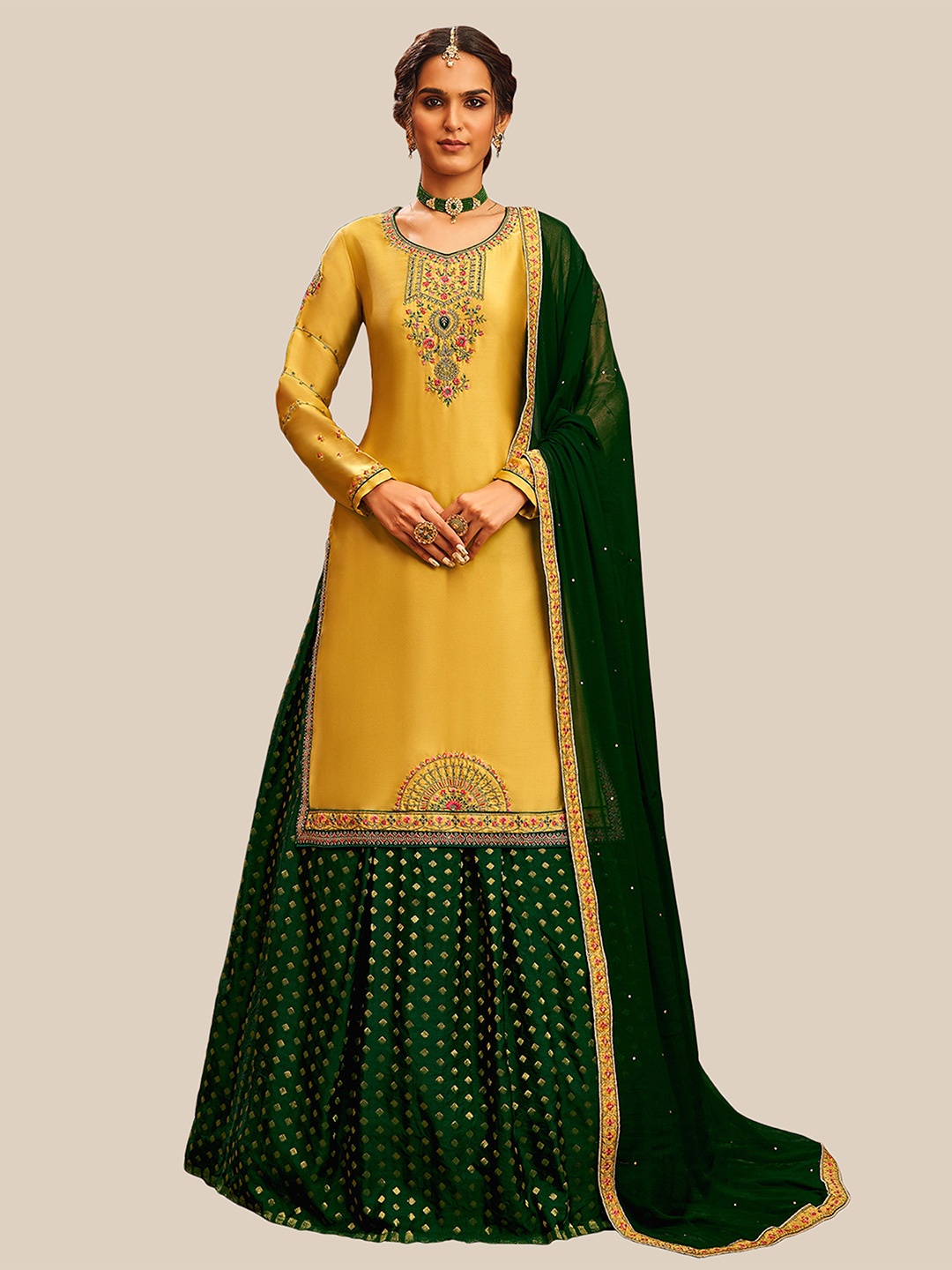 

UNITED LIBERTY Yellow & Green Embroidered Satin Semi-Stitched Dress Material