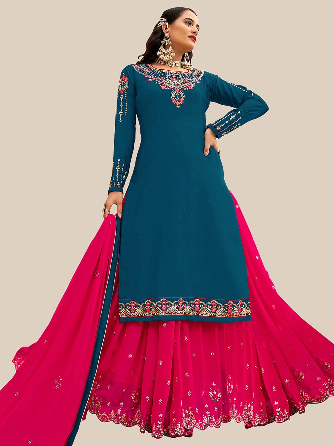 

UNITED LIBERTY Blue & Pink Embroidered Semi-Stitched Dress Material