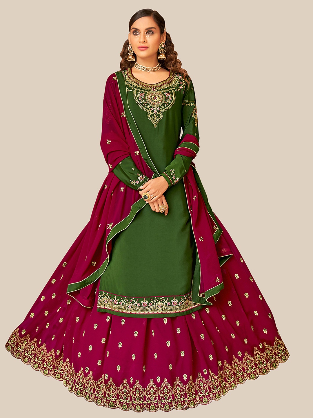 

UNITED LIBERTY Green & Magenta Embroidered Semi-Stitched Dress Material