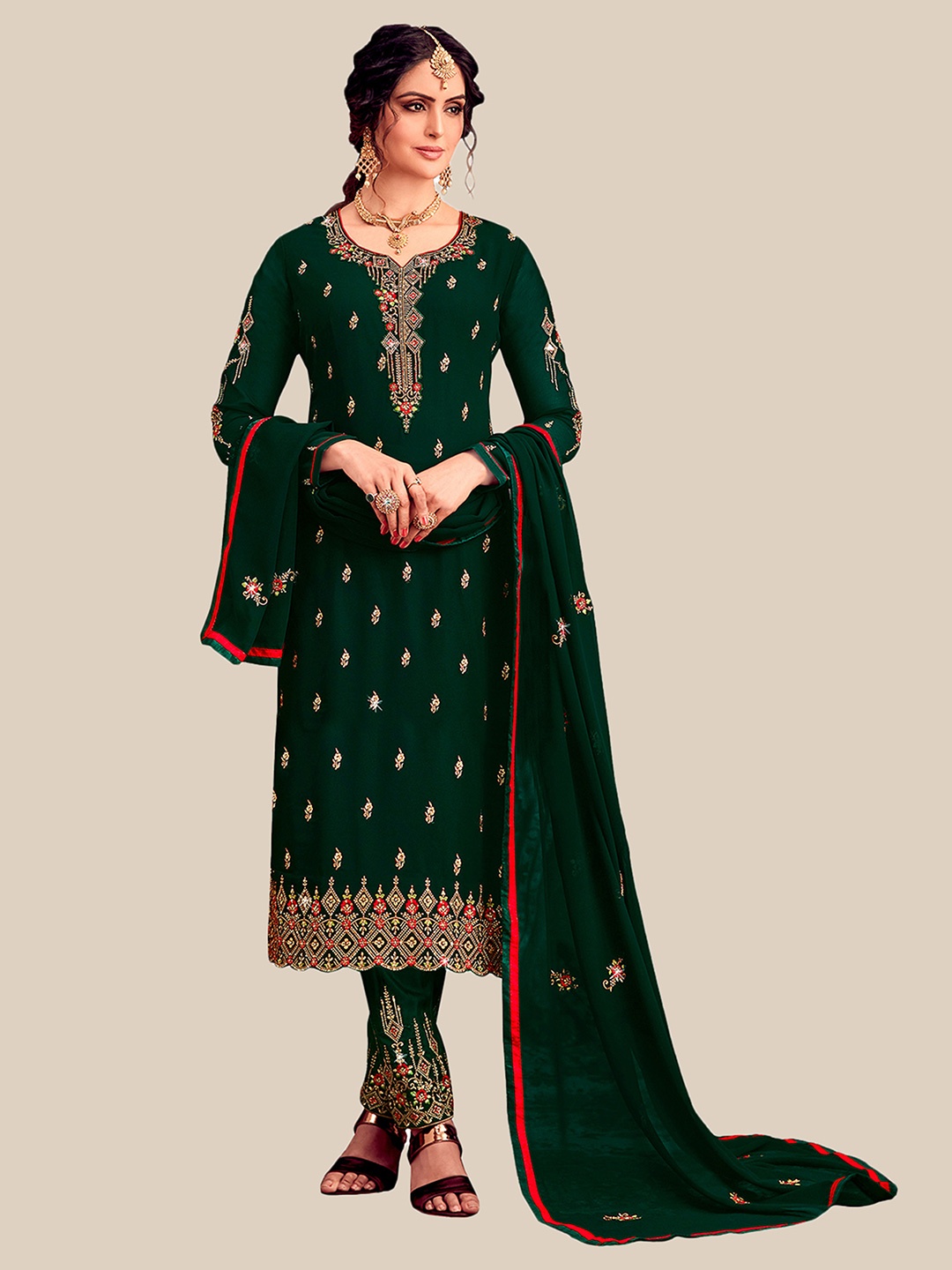 

UNITED LIBERTY Green & Gold-Toned women Embroidered Semi-Stitched Dress Material