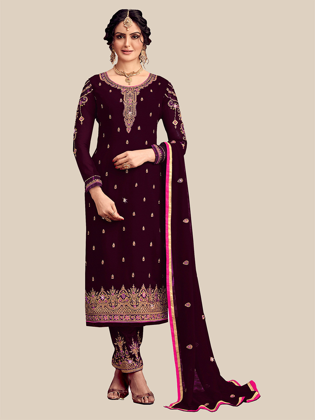 

UNITED LIBERTY Maroon Embroidered Semi-Stitched Dress Material