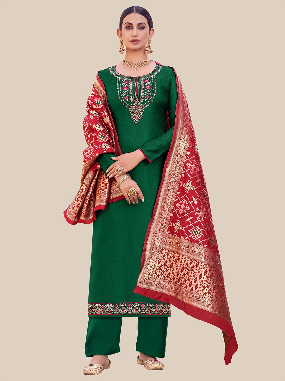 

UNITED LIBERTY Green & Red Embroidered Satin Semi-Stitched Dress Material
