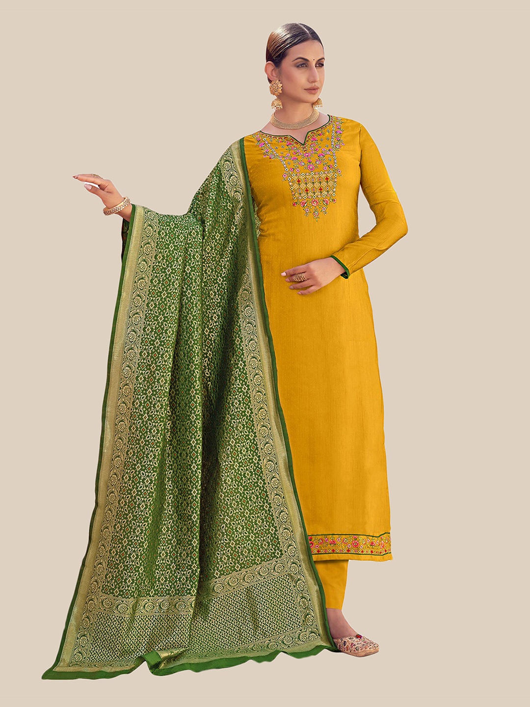 

UNITED LIBERTY Yellow & Green Embroidered Satin Semi-Stitched Dress Material