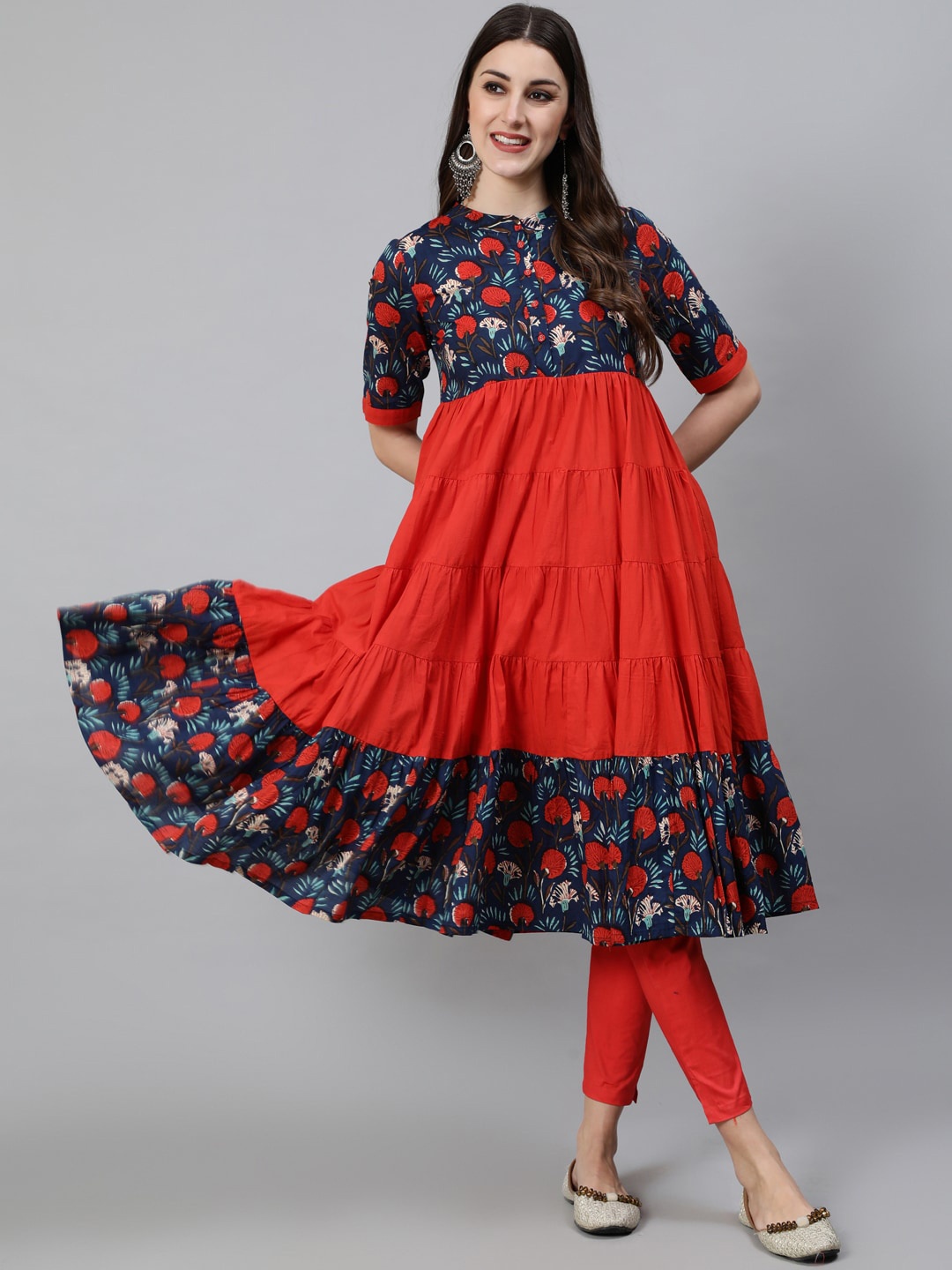 

Awadhi Women Red & Navy Blue Floral Yoke Design Anarkali Kurta
