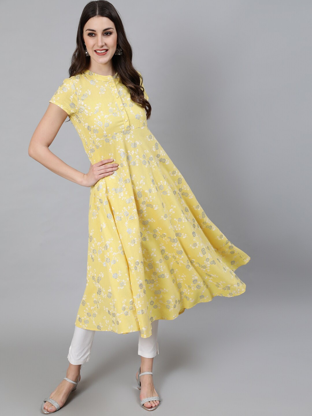 

Awadhi Women Yellow Khari Printed Anarkali Kurta