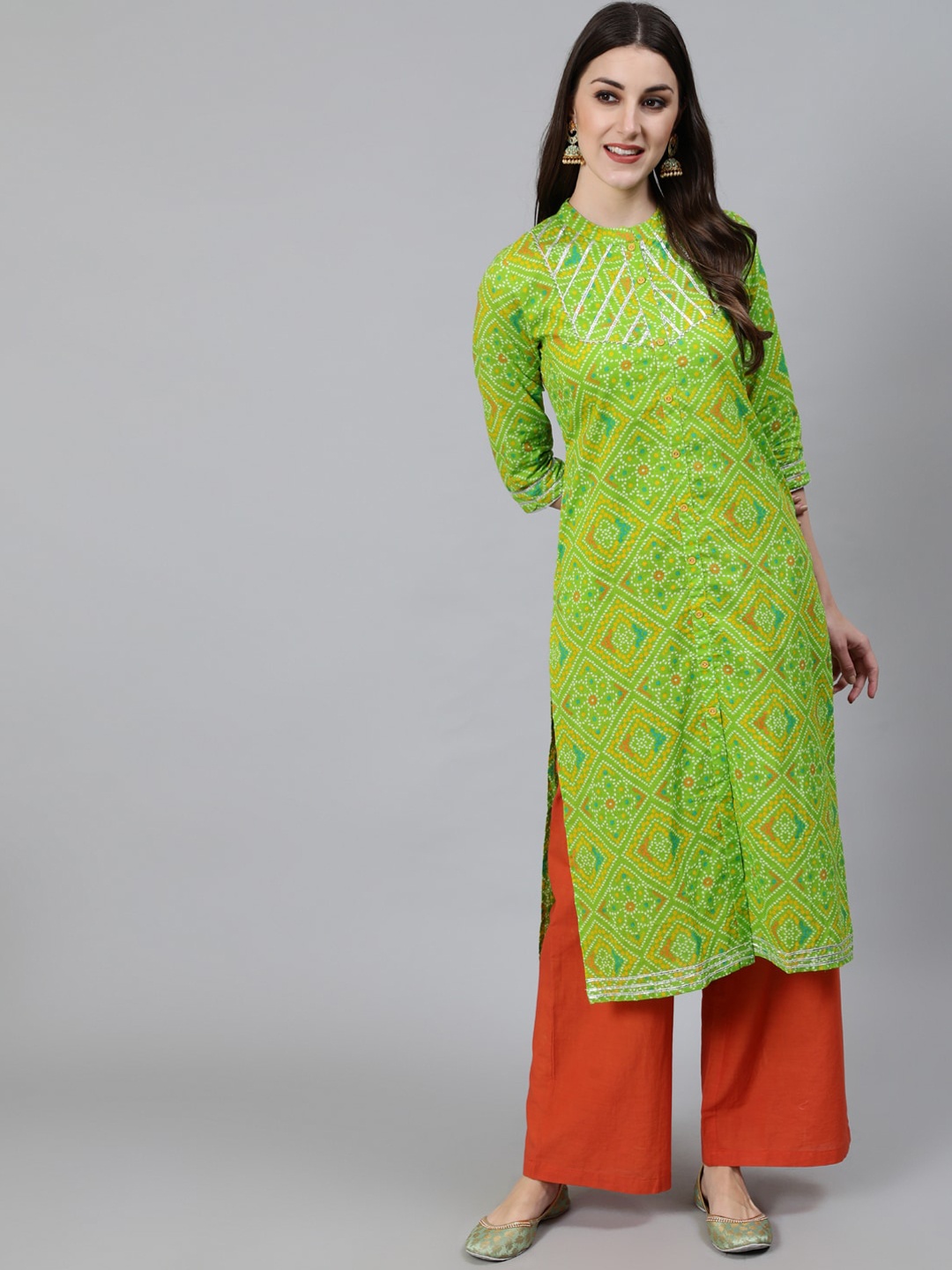 

Awadhi Women Green Geometric Bandhani Printed Straight Cotton Kurta