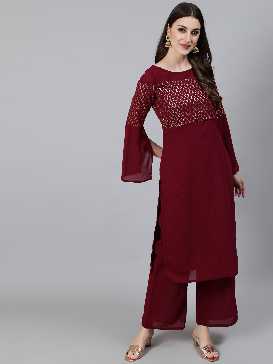 

Awadhi Women Maroon Geometric Yoke Design Flared Sleeves Georgette Kurta