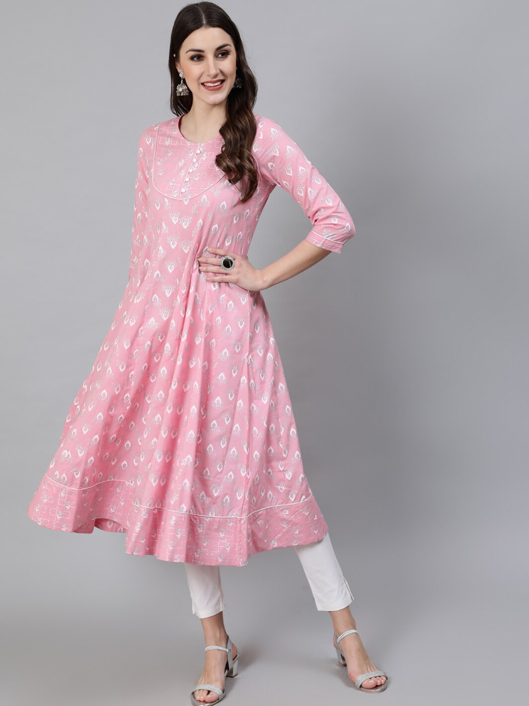 

Awadhi Women Pink Ethnic Motifs Printed Thread Work Anarkali Kurta