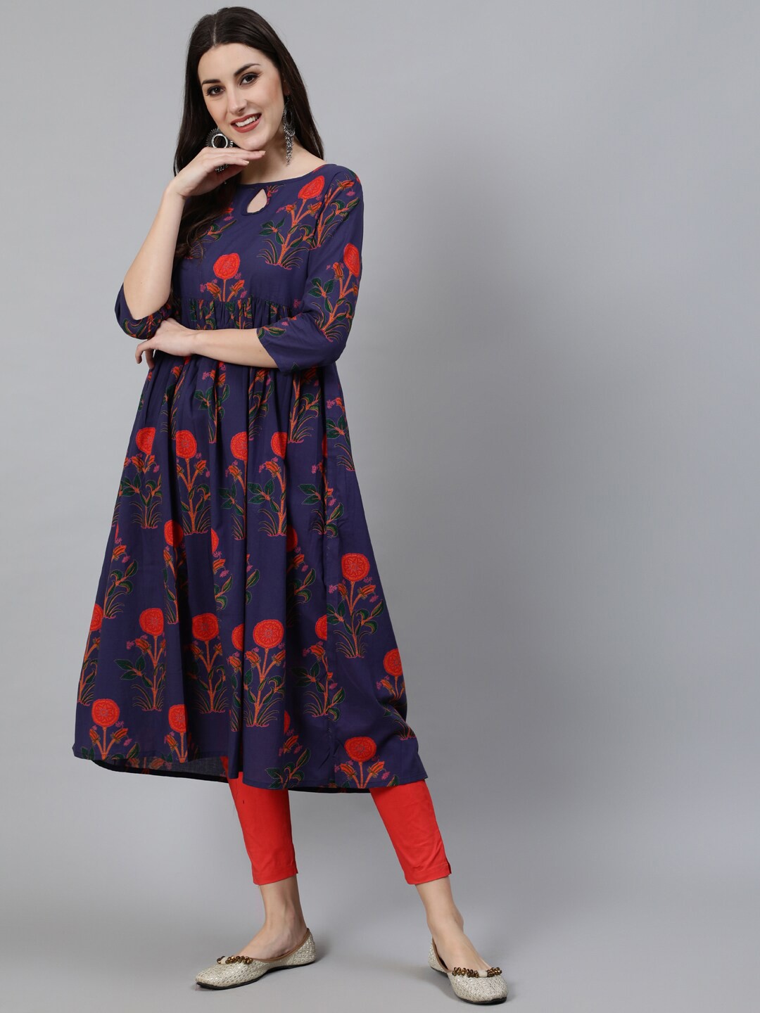 

Awadhi Women Navy Blue & Red Floral Printed Keyhole Neck Thread Work Anarkali Kurta
