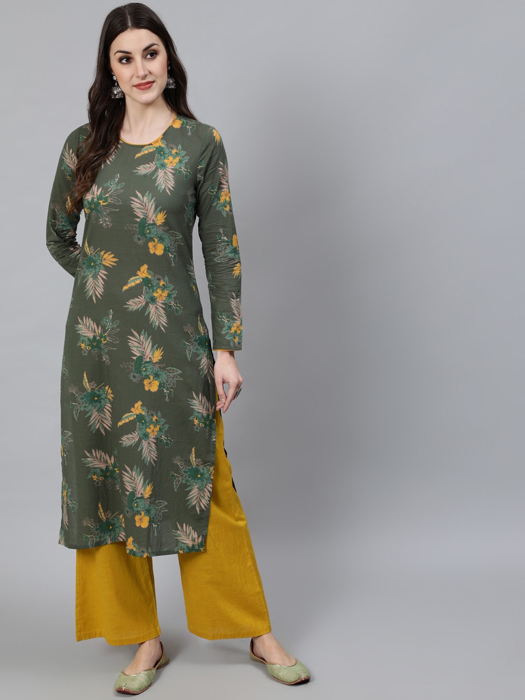 

Awadhi Women Olive Green Floral Printed Kurta