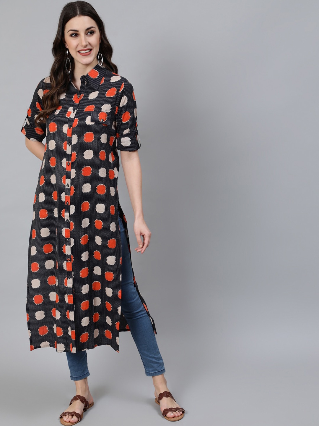 

Awadhi Women Navy Blue & Orange Geometric Printed Thread Work Kurta