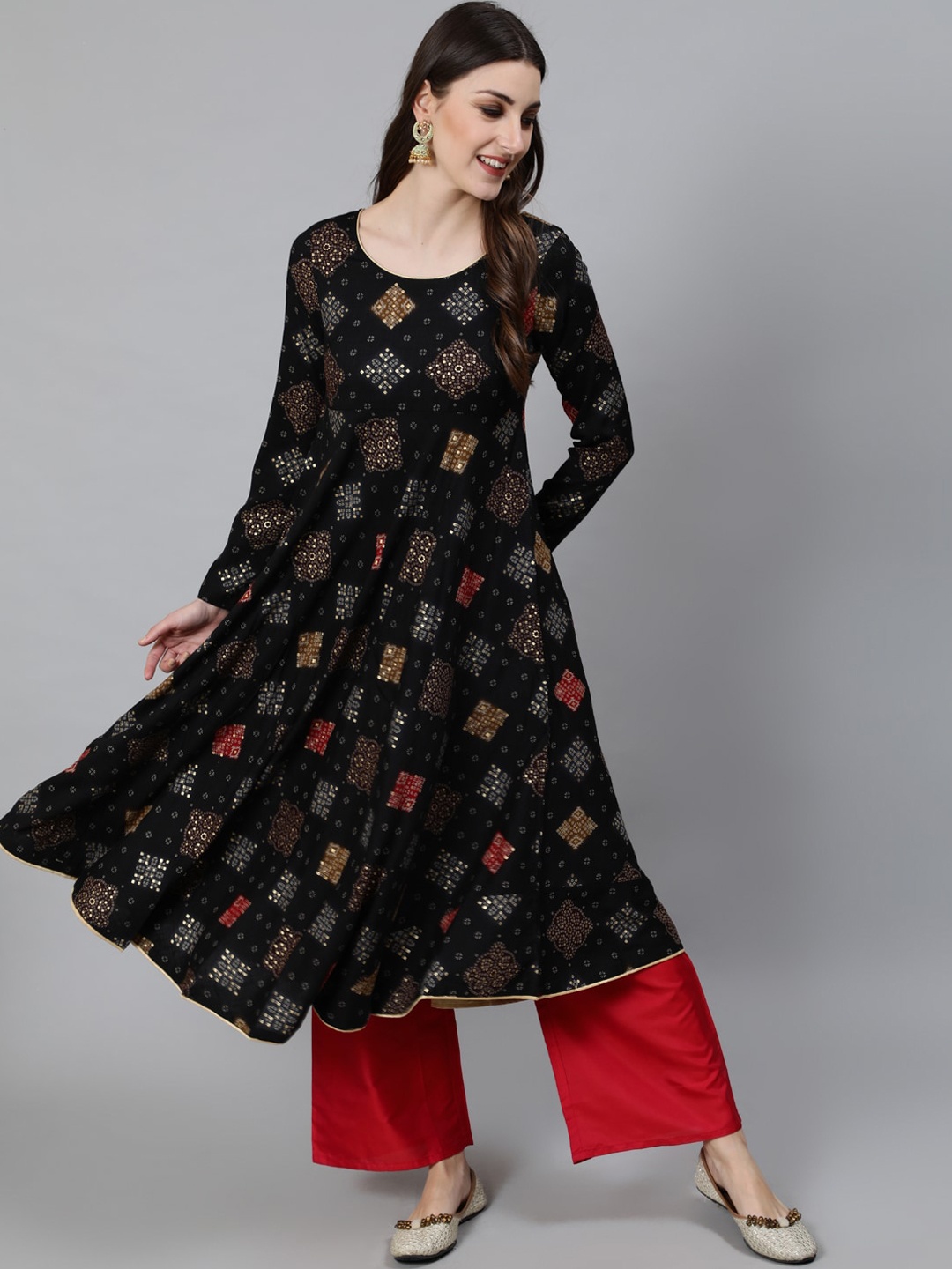 

Awadhi Women Black & Gold-Toned Bandhani Printed Anarkali Kurta