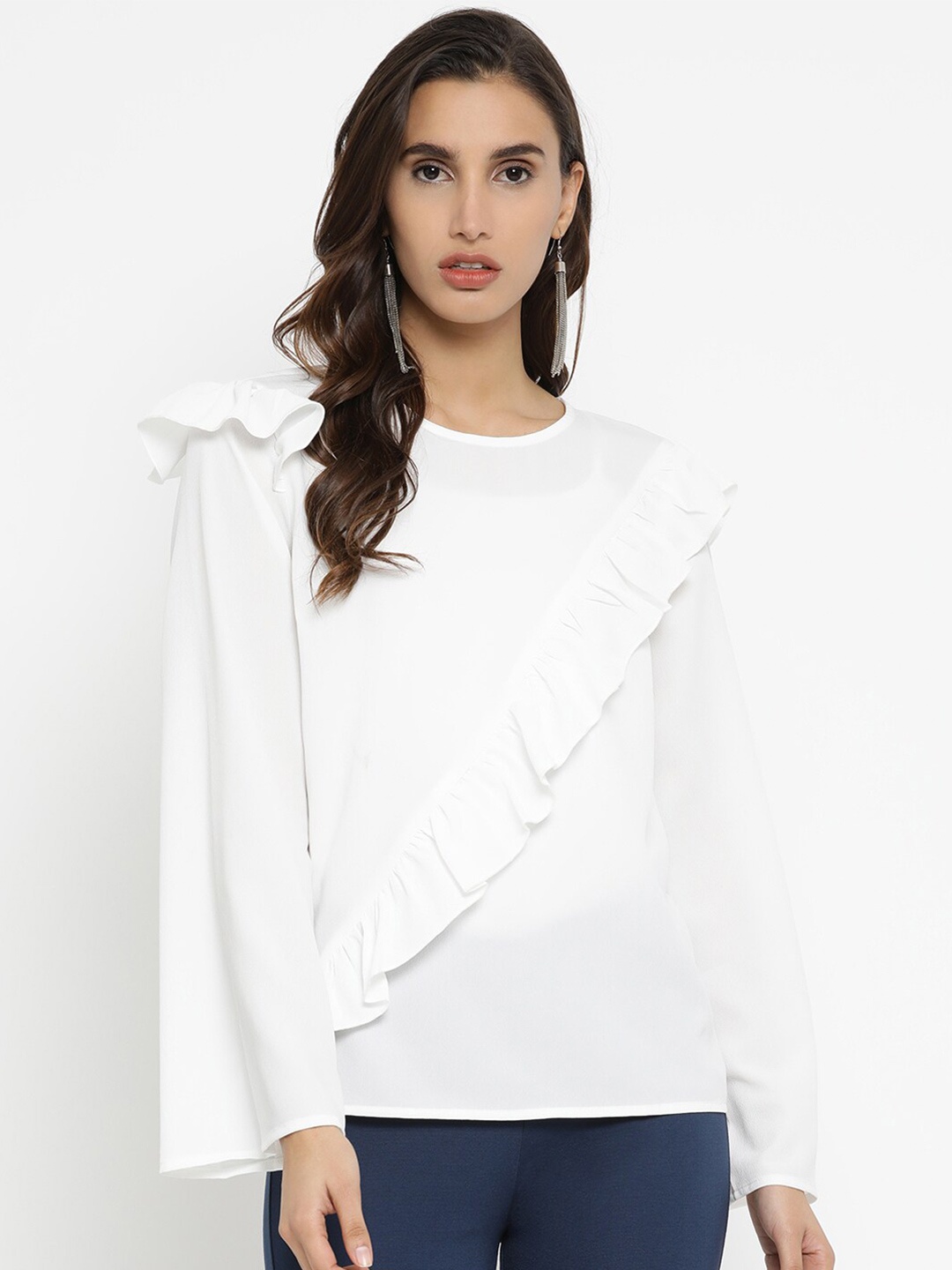

Kazo White Solid Ruffles Crepe Top