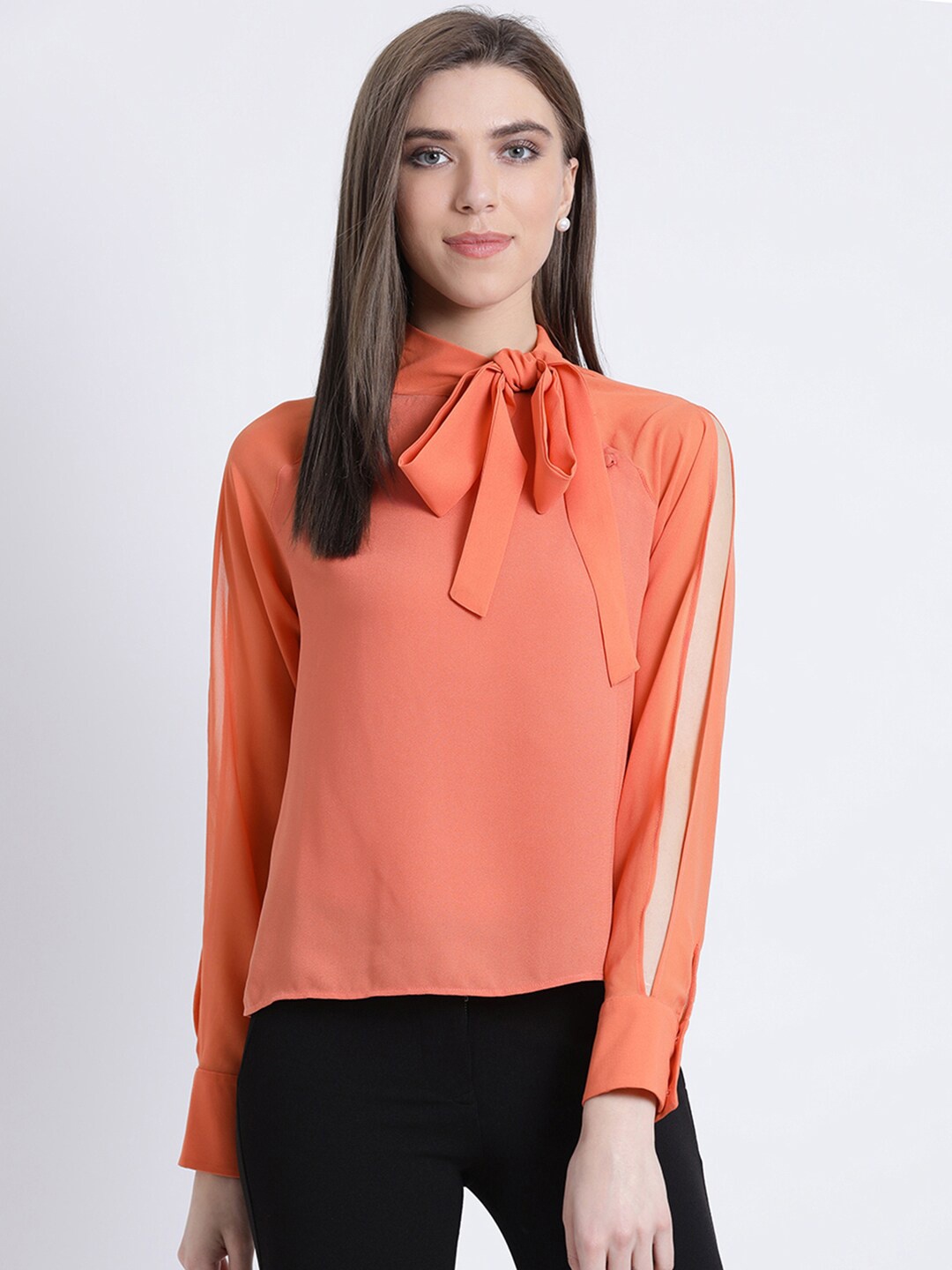 

Kazo Orange Solid Tie-Up Neck Top