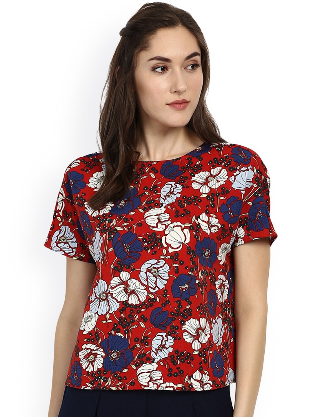 

Kazo Red & White Floral Print Styled Back Top