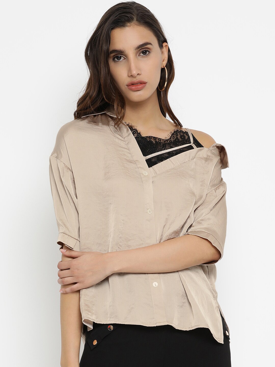 

Kazo Beige Solid Satin Shirt Style Top