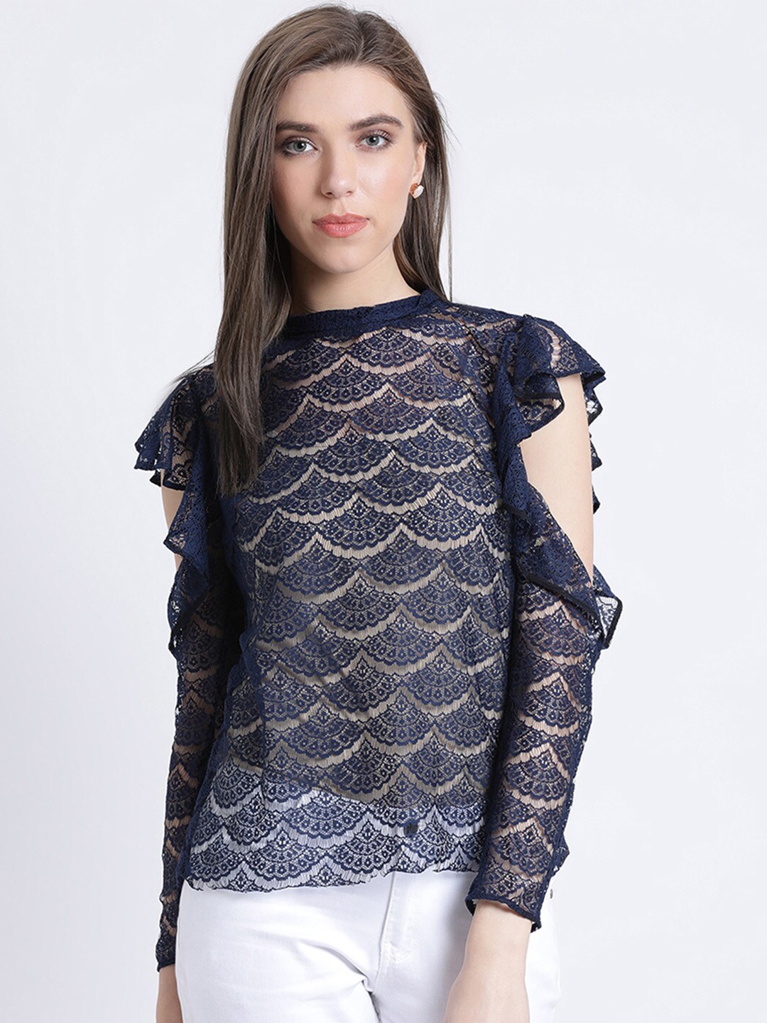 

Kazo Navy Blue Self Design Ruffles Top