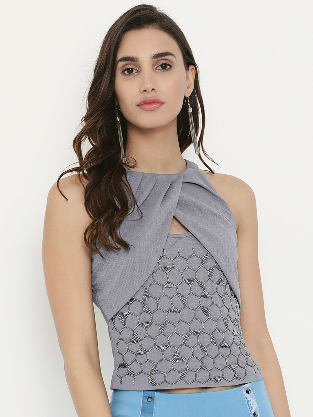 

Kazo Women Grey Embellished Halter Neck Top