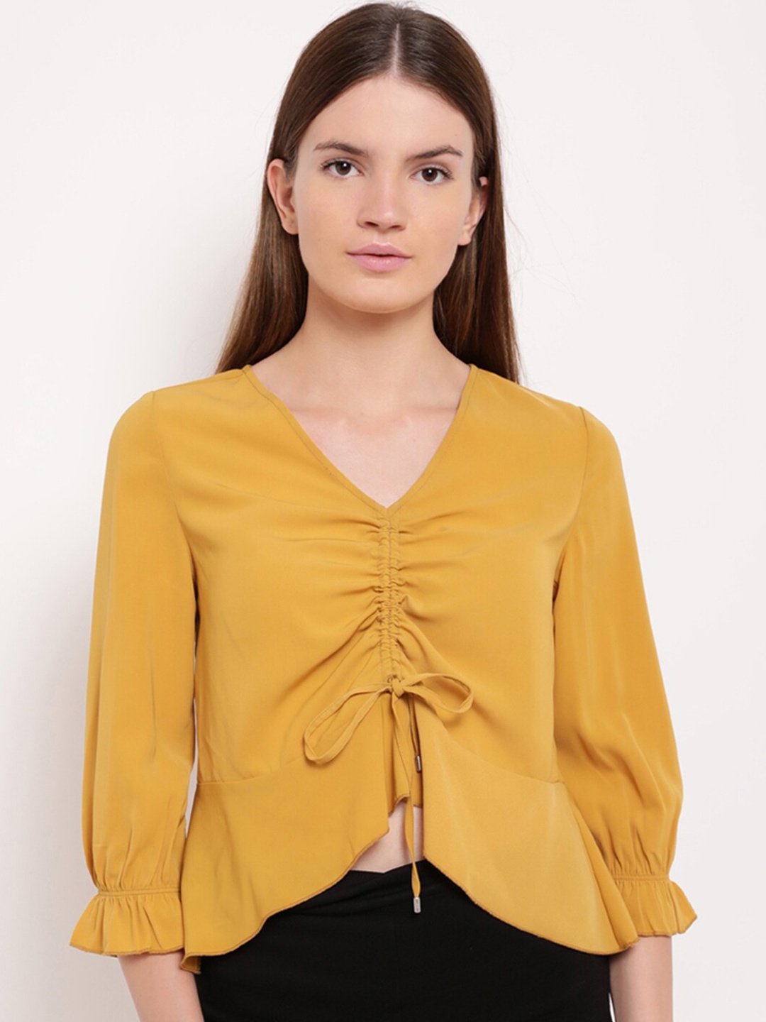 

Kazo Women Mustard Yellow Solid V-neck Regular Top