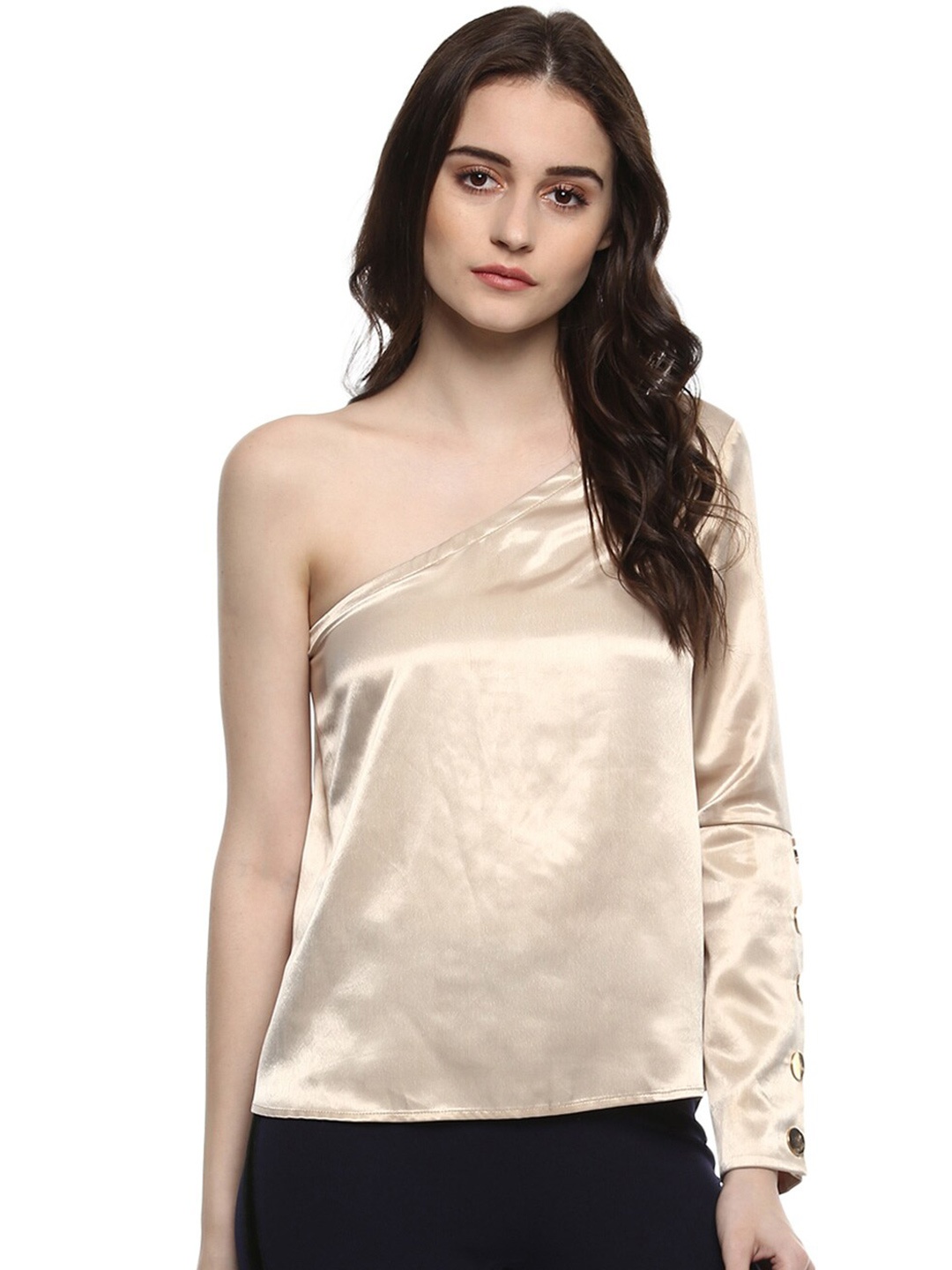 

Kazo Beige Solid Satin One Shoulder Top