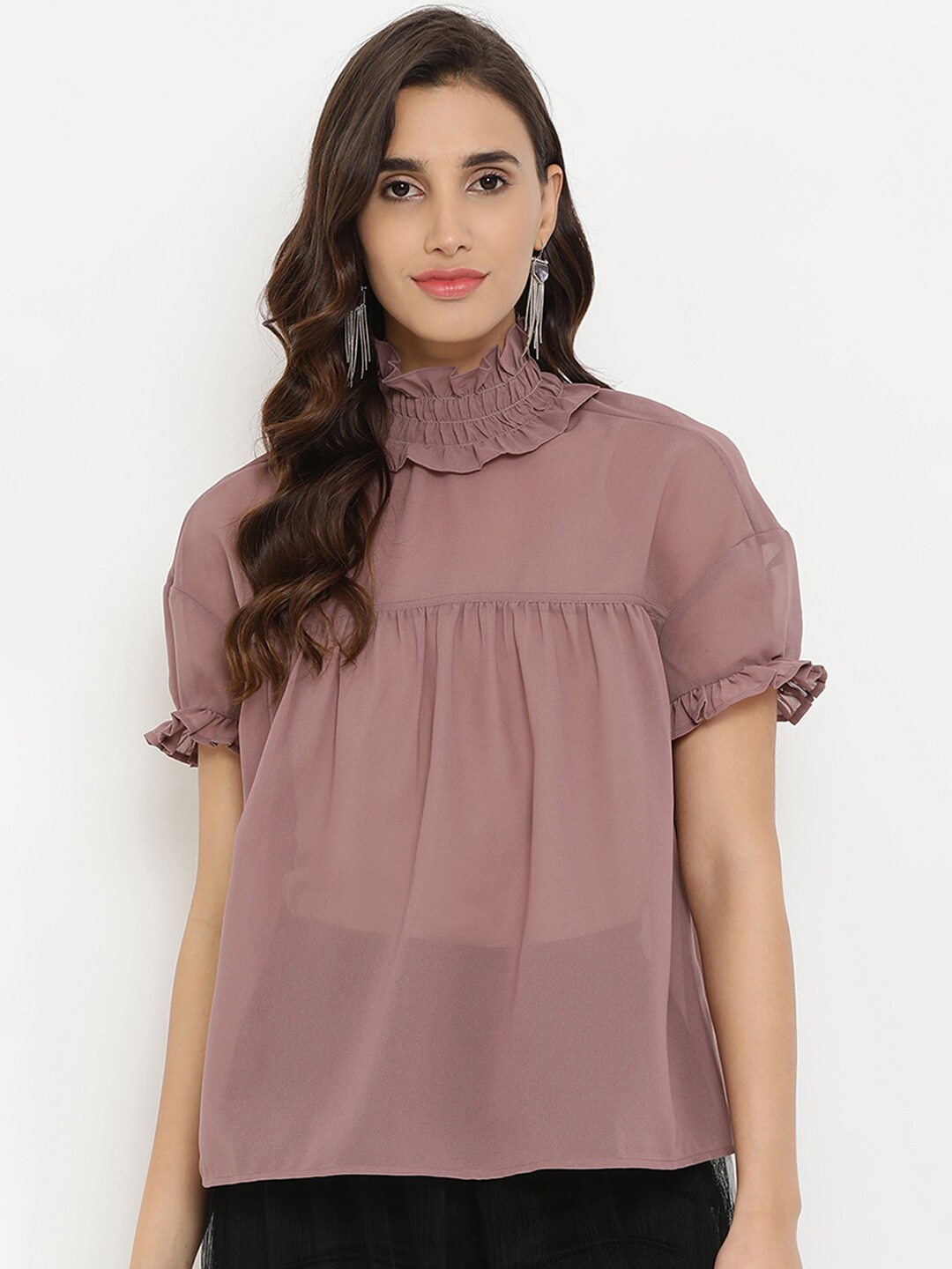 Kazo Mauve Solid Smocked Detail Georgette Top