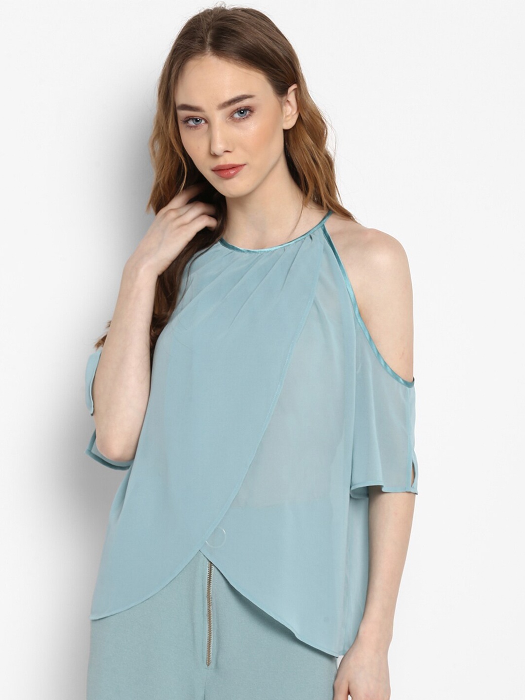 

Kazo Women Blue Layered Cold-Shoulders Top