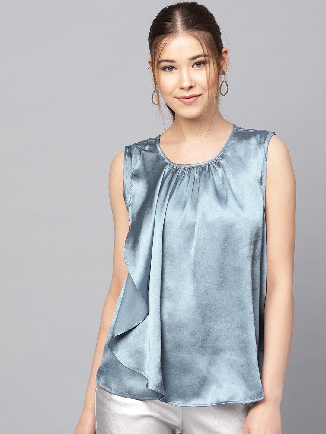

Kazo Blue Solid Satin Layered Top