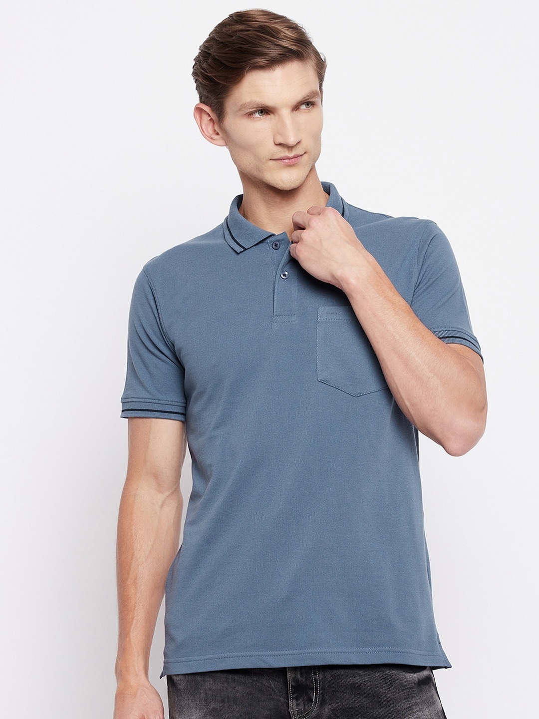 

Okane Men Blue Polo Collar T-shirt