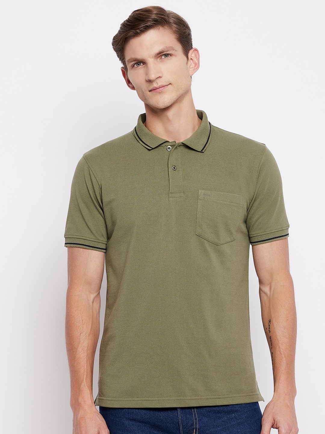 

Okane Men Olive Green Solid Polo Collar T-shirt