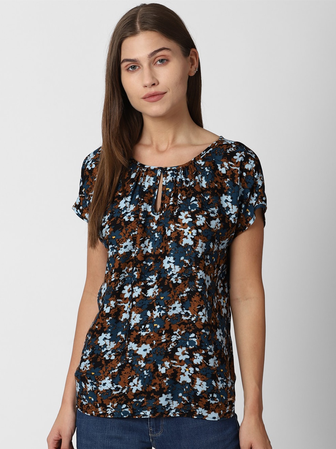 

Van Heusen Woman Black & Teal Blue Floral Printed Top