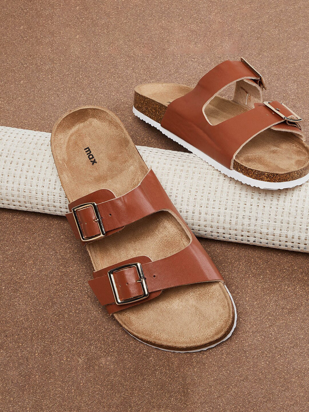 

max Women Brown Open Toe Flats with Buckles