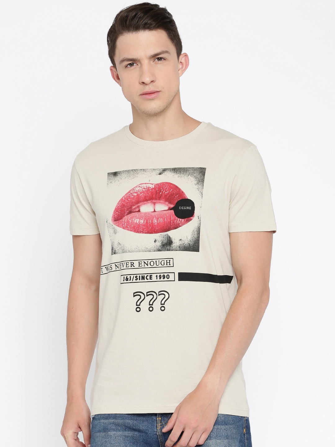 

Jack Jones Men Beige Printed Round Neck Slim Pure Cotton T-shirt