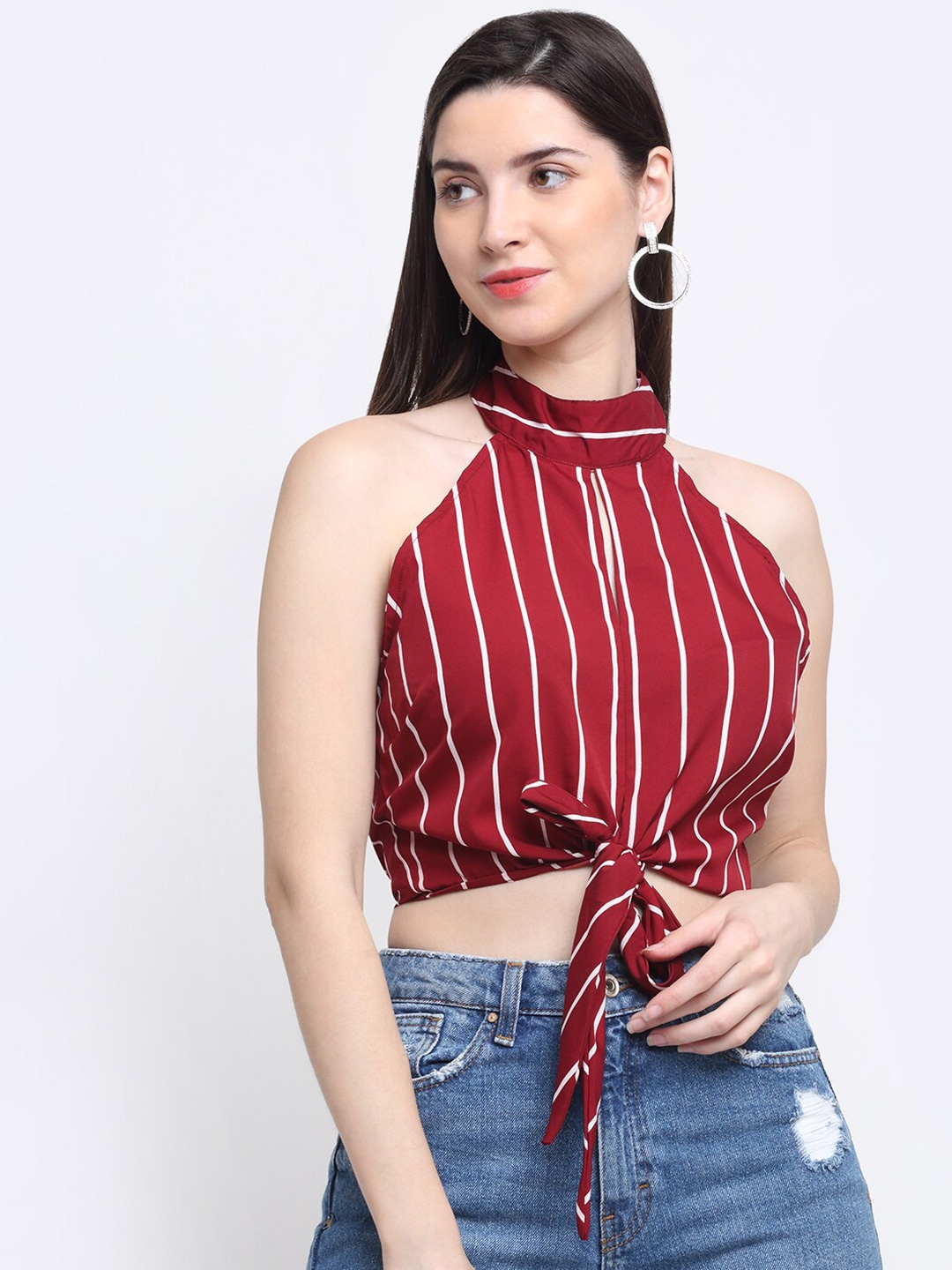 

emeros Maroon & White Striped Halter Neck Crepe Crop Top