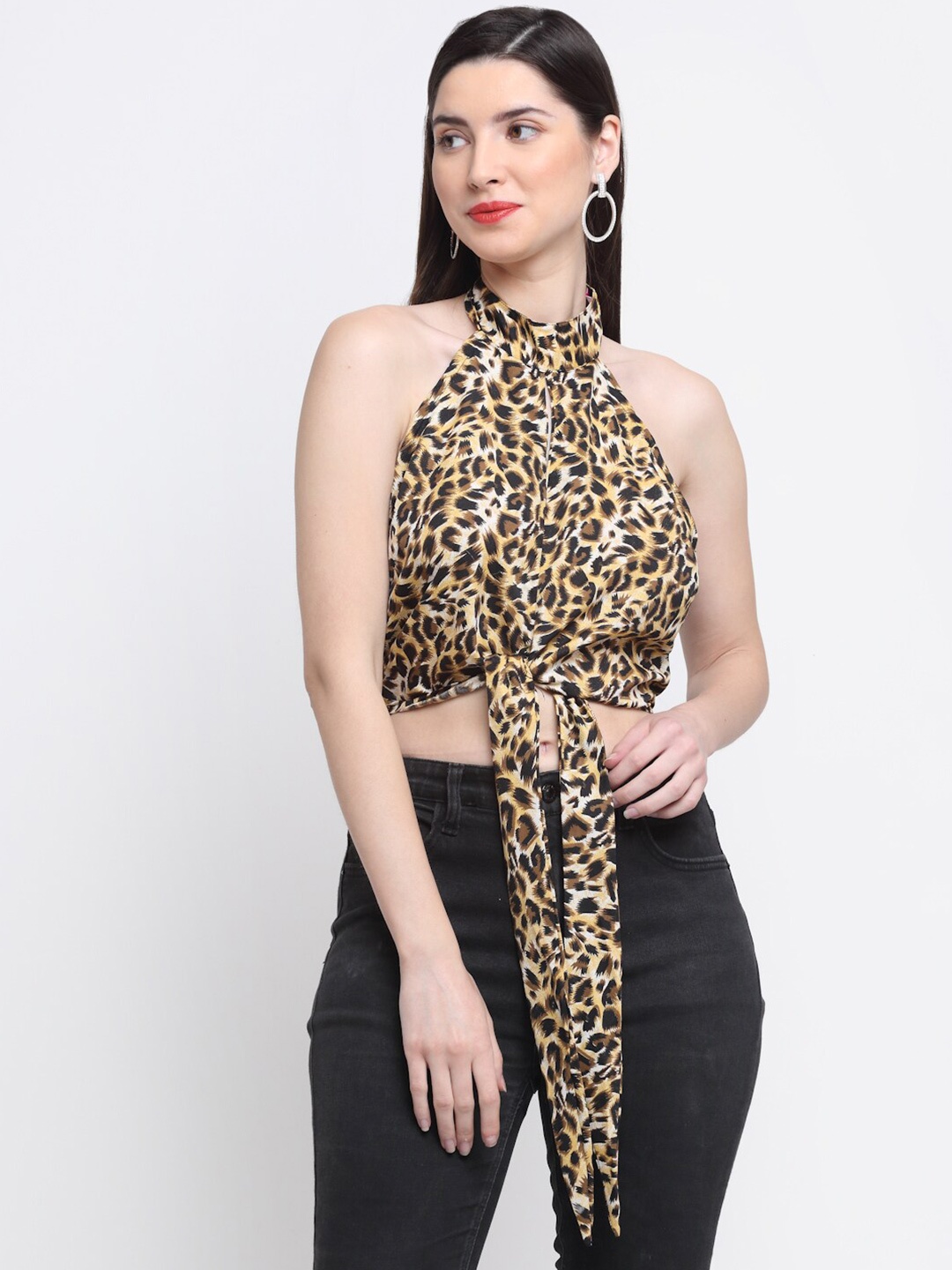

emeros Women Animal Print Halter Neck Crepe Crop Top, Brown