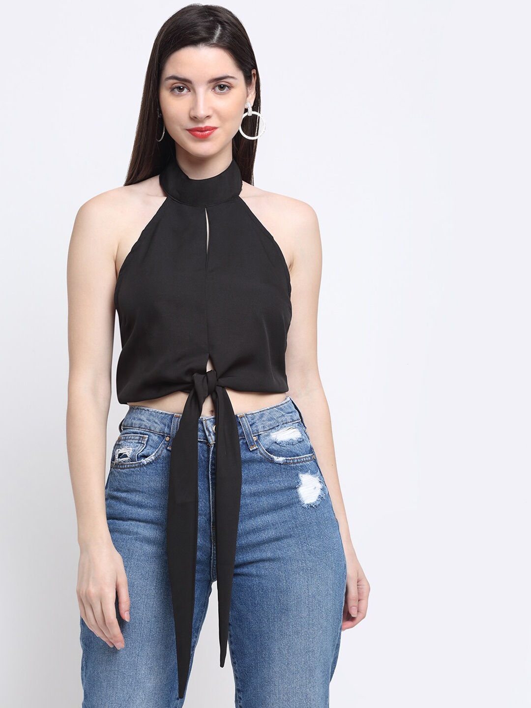 emeros Women Black Halter Neck Crepe Styled Back Crop Top