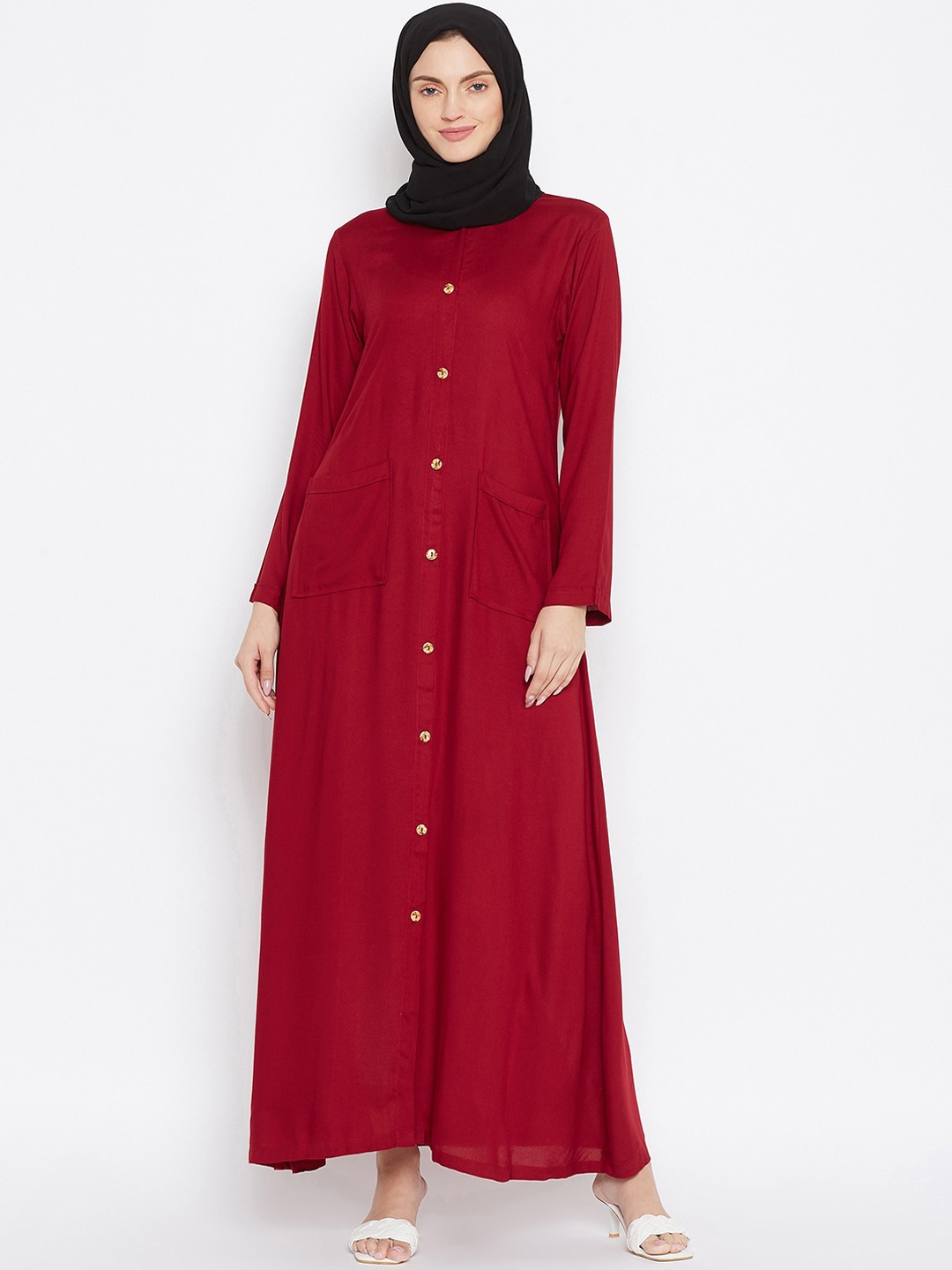 

NABIA Women Maroon Solid Abaya Burqa with Georgette Scarf