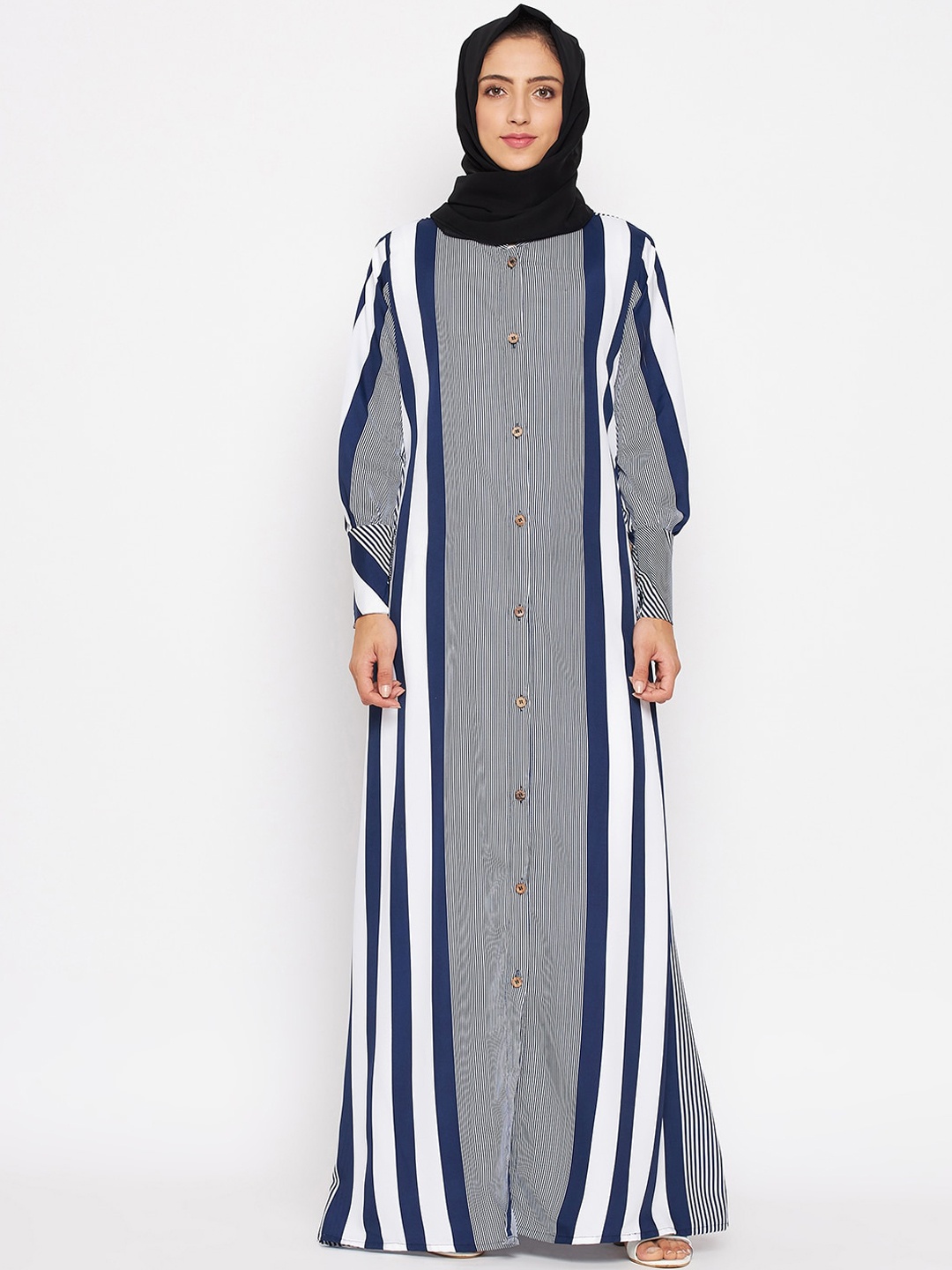 

NABIA Women Blue & White Striped Abaya Burqa With Scarf