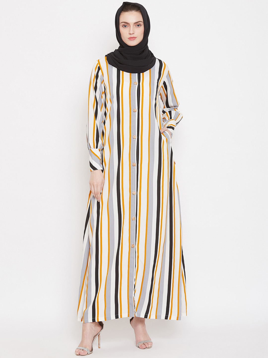 

NABIA Women Yellow Striped Abaya Burqa With Scarf